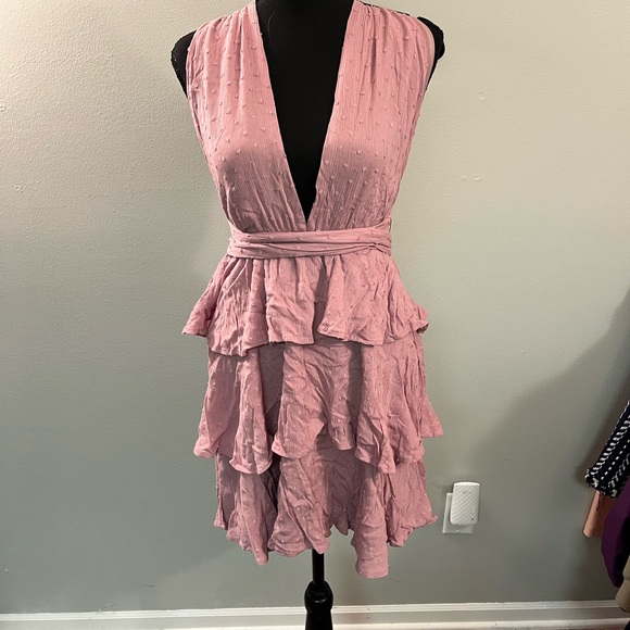 Lulu's Pink Mini Sundress with Ruffled‎ Tiers and Plunge Neckline - Picture 1 of 5